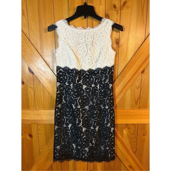 Adrianna Papell Sheath Dress Size 2 Nylon Blend Black White Lace Floral (8674) - Picture 1 of 6